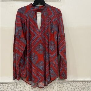 Free People Red and Blue Geometric Blouse